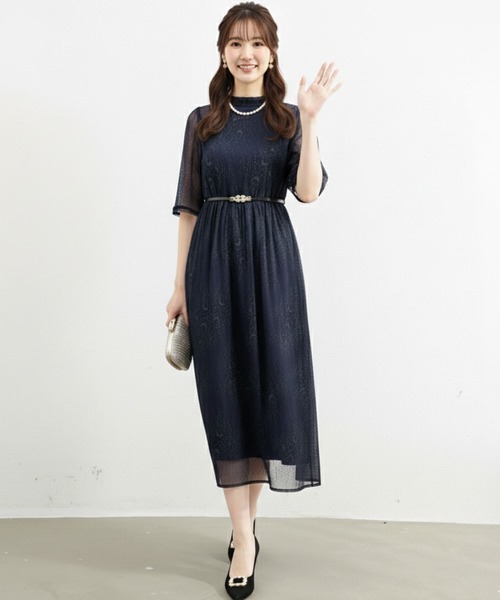 Cinderella(シンデレラ)の「オケージョンドレス フォーマルワンピース ロングワンピース ドレス 結婚式 お呼ばれ 謝恩会 二次会 パーティードレス ロングドレス リボン ハイネック 半袖 五分袖 セレモニー 同窓会 二次会 食事会 袖あり かわいい レディース おしゃれ マキシ丈 ロング丈 レース 花柄(ドレス・レディース・ダークブラウン/ブルーグレー/ダークグレー/ブラック/ネイビー・MEDIUM/X-LARGE/LARGE)」の6枚目の写真