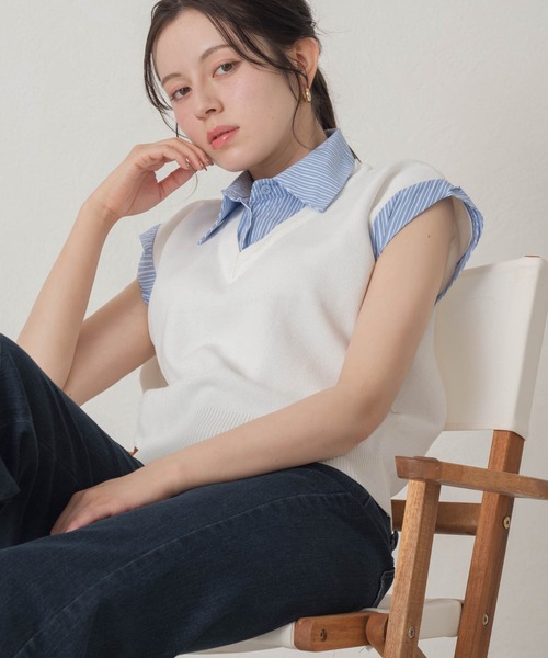 MISCH MASCH(ミッシュマッシュ)の「2026春夏新作 一部店舗限定 シャツレイヤード風ニットベスト(ニット/セーター・レディース・ネイビー/ホワイト・フリ-)」の2枚目の写真