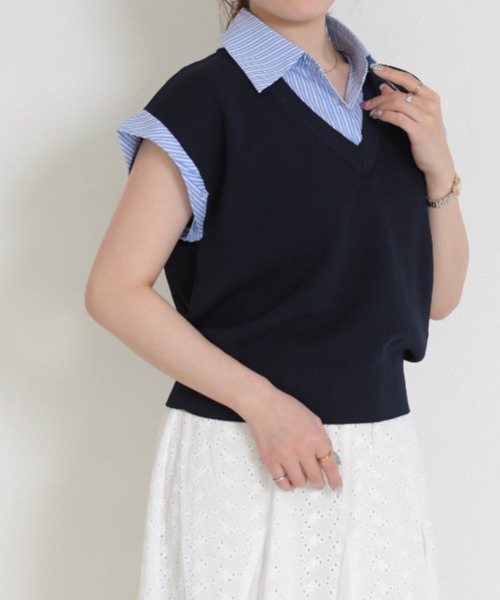 MISCH MASCH(ミッシュマッシュ)の「2026春夏新作 一部店舗限定 シャツレイヤード風ニットベスト(ニット/セーター・レディース・ネイビー/ホワイト・フリ-)」の7枚目の写真