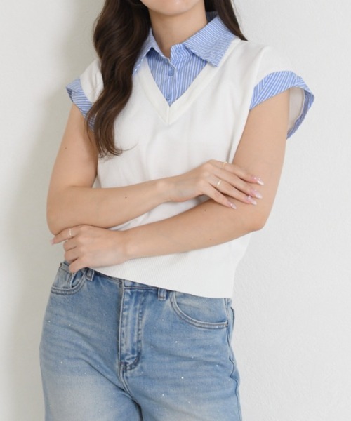 MISCH MASCH(ミッシュマッシュ)の「2026春夏新作 一部店舗限定 シャツレイヤード風ニットベスト(ニット/セーター・レディース・ネイビー/ホワイト・フリ-)」の3枚目の写真