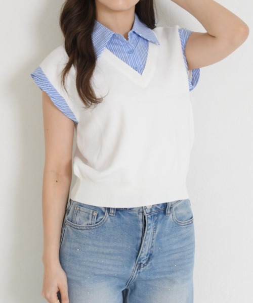 MISCH MASCH(ミッシュマッシュ)の「2026春夏新作 一部店舗限定 シャツレイヤード風ニットベスト(ニット/セーター・レディース・ネイビー/ホワイト・フリ-)」の4枚目の写真