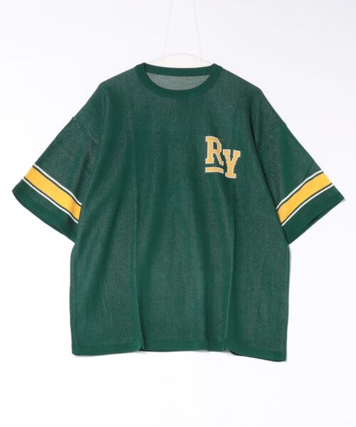 Right-on(ライトオン)の「Refurbish(リファービッシュ)グラフィックロゴジャガードニットTシャツ(ニット/セーター・メンズ・ネイビー/イエロー/キナリ/ブラック/ブラウン/グリーン・M/L/XL/S)」の4枚目の写真