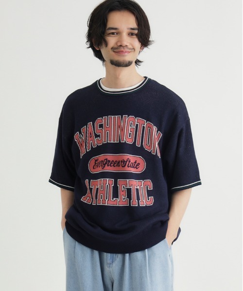 Right-on（ライトオン）の「【Refurbish】グラフィックロゴ ジャガードニットTシャツ (サマーニット / アメカジ / ドロップショルダー)（ニット/セーター・メンズ・ネイビー/イエロー/キナリ/ブラック/ブラウン・M/L/XL/S）」の4枚目の写真