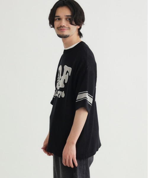 Right-on（ライトオン）の「【Refurbish】グラフィックロゴ ジャガードニットTシャツ (サマーニット / アメカジ / ドロップショルダー)（ニット/セーター・メンズ・ネイビー/イエロー/キナリ/ブラック/ブラウン・M/L/XL/S）」の7枚目の写真