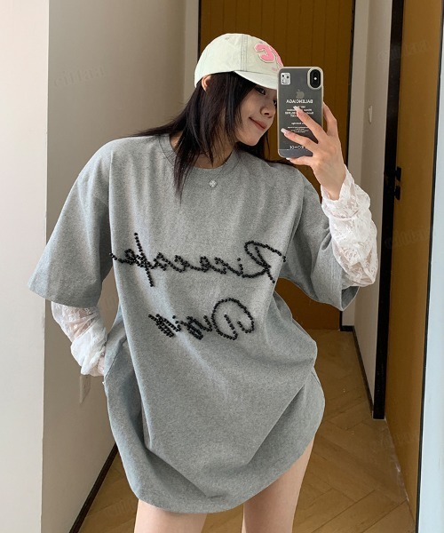Dalfwin（ダールフィン）の「韓国ファッション RicecakeビーズロゴレースレイヤードデザインTシャツ（Tシャツ/カットソー・レディース・ブラック/ベージュ/グレー・FREE）」の3枚目の写真