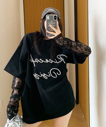 韓国ファッション RicecakeビーズロゴレースレイヤードデザインTシャツ