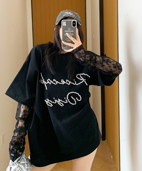 Dalfwin（ダールフィン）の「韓国ファッション RicecakeビーズロゴレースレイヤードデザインTシャツ（Tシャツ/カットソー・レディース・ブラック/ベージュ/グレー・FREE）」の8枚目の写真