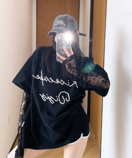 Dalfwin（ダールフィン）の「韓国ファッション RicecakeビーズロゴレースレイヤードデザインTシャツ（Tシャツ/カットソー・レディース・ブラック/ベージュ/グレー・FREE）」の7枚目の写真
