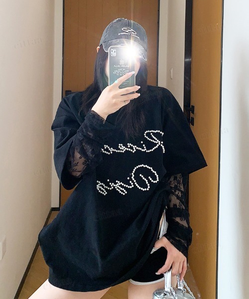 Dalfwin（ダールフィン）の「韓国ファッション RicecakeビーズロゴレースレイヤードデザインTシャツ（Tシャツ/カットソー・レディース・ブラック/ベージュ/グレー・FREE）」の6枚目の写真