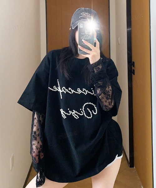 Dalfwin（ダールフィン）の「韓国ファッション RicecakeビーズロゴレースレイヤードデザインTシャツ（Tシャツ/カットソー・レディース・ブラック/ベージュ/グレー・FREE）」の5枚目の写真