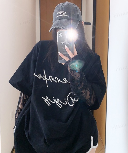 Dalfwin（ダールフィン）の「韓国ファッション RicecakeビーズロゴレースレイヤードデザインTシャツ（Tシャツ/カットソー・レディース・ブラック/ベージュ/グレー・FREE）」の4枚目の写真