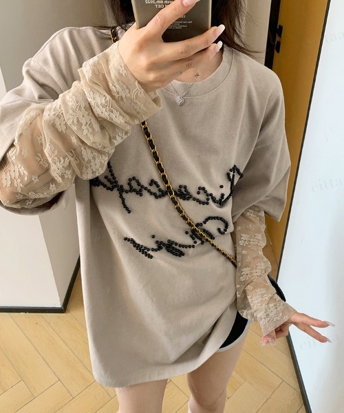 Dalfwin（ダールフィン）の「韓国ファッション RicecakeビーズロゴレースレイヤードデザインTシャツ（Tシャツ/カットソー・レディース・ブラック/ベージュ/グレー・FREE）」の22枚目の写真
