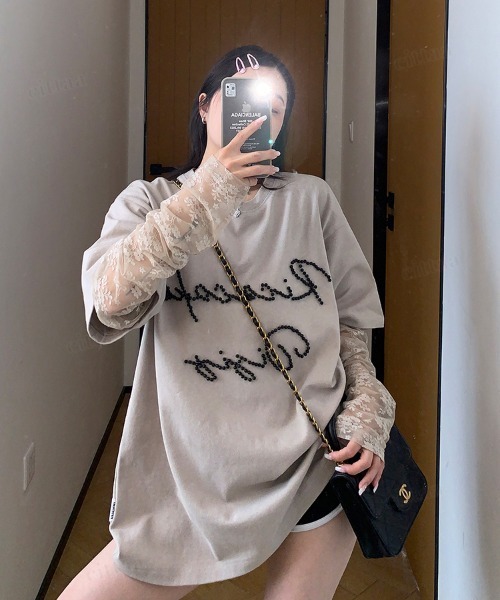 Dalfwin（ダールフィン）の「韓国ファッション RicecakeビーズロゴレースレイヤードデザインTシャツ（Tシャツ/カットソー・レディース・ブラック/ベージュ/グレー・FREE）」の21枚目の写真