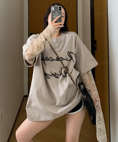 Dalfwin（ダールフィン）の「韓国ファッション RicecakeビーズロゴレースレイヤードデザインTシャツ（Tシャツ/カットソー・レディース・ブラック/ベージュ/グレー・FREE）」の20枚目の写真