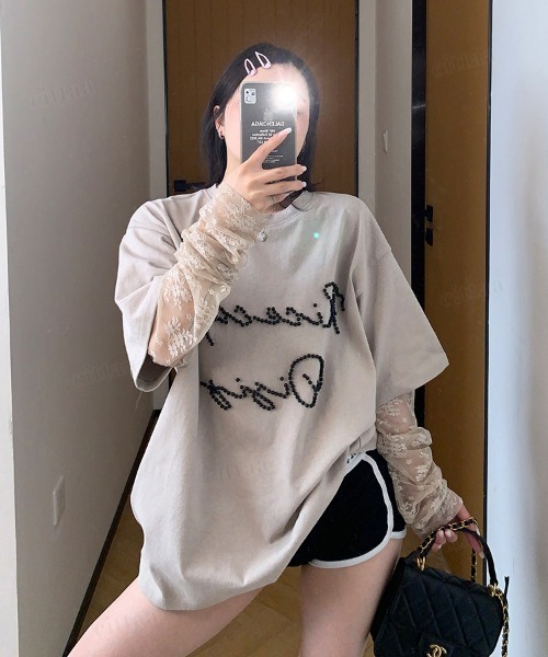 Dalfwin（ダールフィン）の「韓国ファッション RicecakeビーズロゴレースレイヤードデザインTシャツ（Tシャツ/カットソー・レディース・ブラック/ベージュ/グレー・FREE）」の19枚目の写真