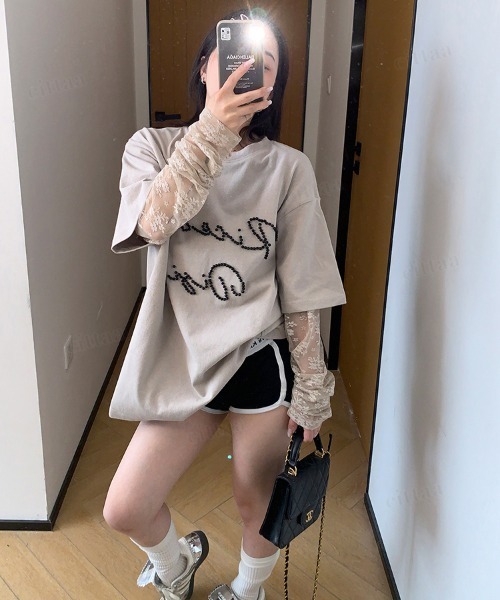 Dalfwin（ダールフィン）の「韓国ファッション RicecakeビーズロゴレースレイヤードデザインTシャツ（Tシャツ/カットソー・レディース・ブラック/ベージュ/グレー・FREE）」の18枚目の写真