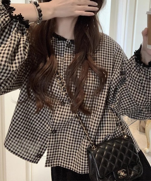 mielu(ミエル)の「ギンガムチェックレースブラウス(シャツ/ブラウス・レディース・ブラック・MEDIUM/LARGE/X-LARGE)」の6枚目の写真
