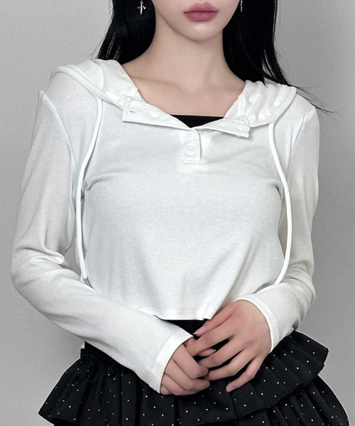 FOLLOWIN(フォロウィン)の「3color/フードレイヤードリブトップス(Tシャツ/カットソー・レディース・グレー/ホワイト/ブラック・FREE)」の2枚目の写真