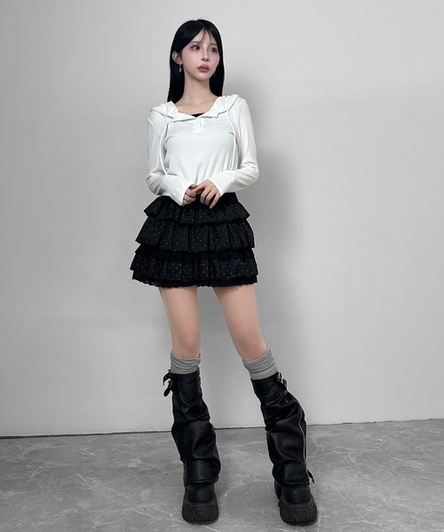FOLLOWIN(フォロウィン)の「3color/フードレイヤードリブトップス(Tシャツ/カットソー・レディース・グレー/ホワイト/ブラック・FREE)」の12枚目の写真