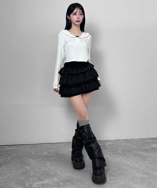 FOLLOWIN(フォロウィン)の「3color/フードレイヤードリブトップス(Tシャツ/カットソー・レディース・グレー/ホワイト/ブラック・FREE)」の11枚目の写真