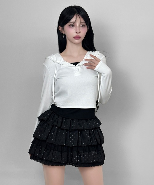 FOLLOWIN(フォロウィン)の「3color/フードレイヤードリブトップス(Tシャツ/カットソー・レディース・グレー/ホワイト/ブラック・FREE)」の6枚目の写真