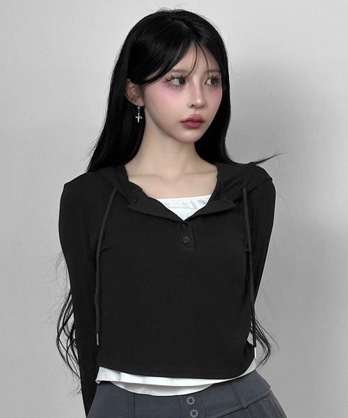 FOLLOWIN(フォロウィン)の「3color/フードレイヤードリブトップス(Tシャツ/カットソー・レディース・グレー/ホワイト/ブラック・FREE)」の20枚目の写真