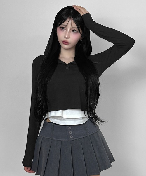 FOLLOWIN(フォロウィン)の「3color/フードレイヤードリブトップス(Tシャツ/カットソー・レディース・グレー/ホワイト/ブラック・FREE)」の18枚目の写真