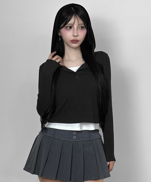 FOLLOWIN(フォロウィン)の「3color/フードレイヤードリブトップス(Tシャツ/カットソー・レディース・グレー/ホワイト/ブラック・FREE)」の17枚目の写真