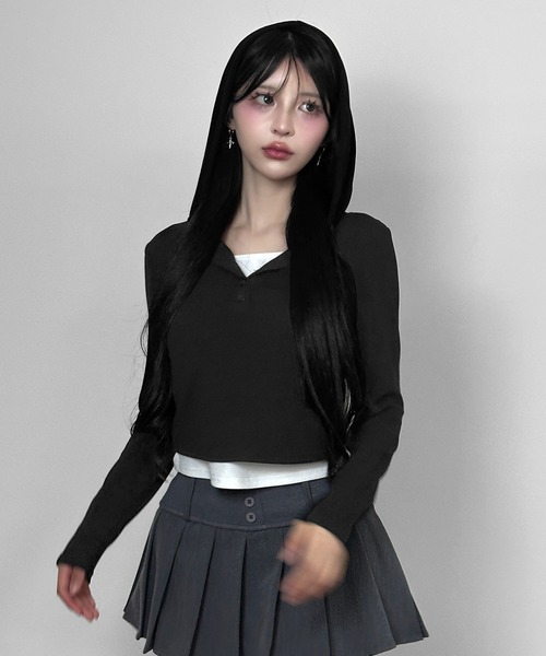 FOLLOWIN(フォロウィン)の「3color/フードレイヤードリブトップス(Tシャツ/カットソー・レディース・グレー/ホワイト/ブラック・FREE)」の16枚目の写真