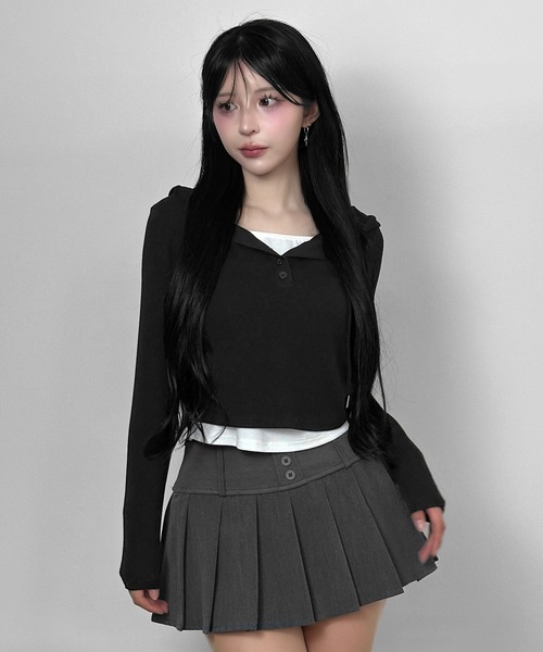 FOLLOWIN(フォロウィン)の「3color/フードレイヤードリブトップス(Tシャツ/カットソー・レディース・グレー/ホワイト/ブラック・FREE)」の5枚目の写真