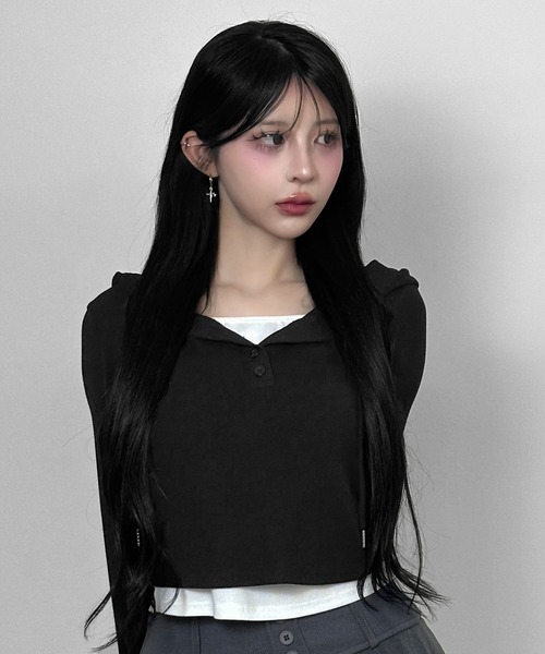 FOLLOWIN(フォロウィン)の「3color/フードレイヤードリブトップス(Tシャツ/カットソー・レディース・グレー/ホワイト/ブラック・FREE)」の4枚目の写真