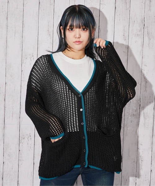 GORGE（ゴージ）の「《透け編み×配色ライン》ニットカーディガン／カジュアル／春夏秋／全3色（カーディガン/ボレロ・レディース・グレー/アイボリー/ブラック・F）」の2枚目の写真