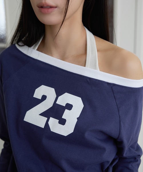 UNE MANSION(ユヌマンション)の「【オフショルダー/ワンショルダー2WAY着用可能】バイカラーナンバリング長袖Tシャツカットソー(Tシャツ/カットソー・レディース・ネイビー/ホワイト/イエロー・FREE)」の14枚目の写真