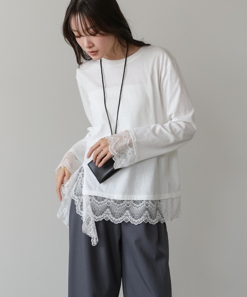 Bab(バブ)の「レースレイヤードロンT(Tシャツ/カットソー・レディース・ホワイト/ブラック/ブルー/チャコールグレー・FREE)」の5枚目の写真