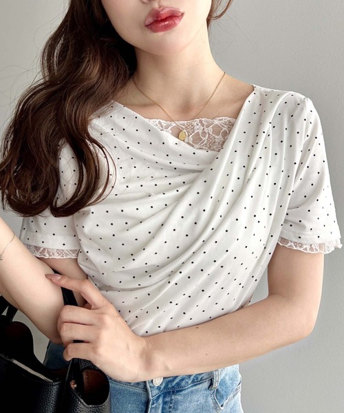 セール】レースドッキングドレープ半袖Tシャツ（Tシャツ/カットソー