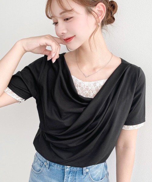 セール】レースドッキングドレープ半袖Tシャツ（Tシャツ/カットソー