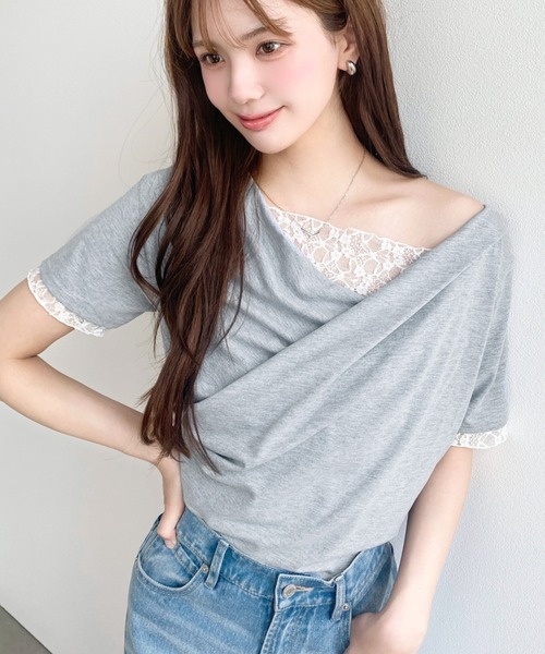 セール】レースドッキングドレープ半袖Tシャツ（Tシャツ/カットソー