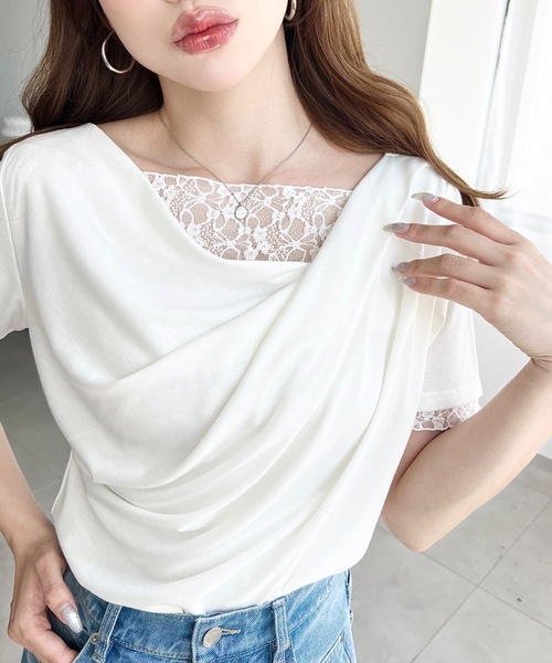 セール】レースドッキングドレープ半袖Tシャツ（Tシャツ/カットソー