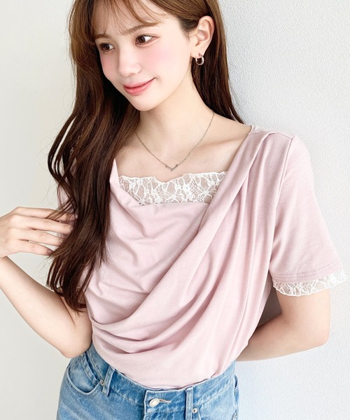 セール】レースドッキングドレープ半袖Tシャツ（Tシャツ/カットソー