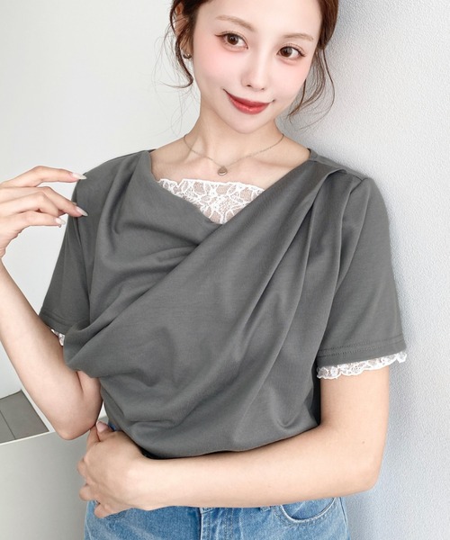 moment+(モーメントプラス)の「レースドッキングドレープ半袖Tシャツ(Tシャツ/カットソー・レディース・イエロー/ホワイト系その他/ピンク/ブラック/オフホワイト/ブラック系その他/チャコールグレー/杢グレー/ブルー・M/L)」の5枚目の写真