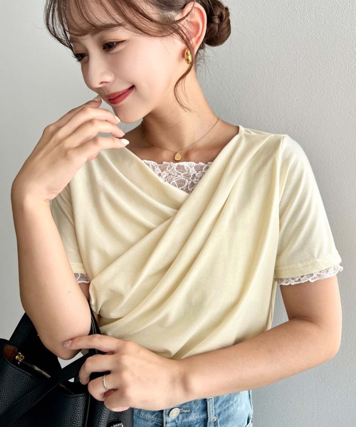 moment+(モーメントプラス)の「レースドッキングドレープ半袖Tシャツ(Tシャツ/カットソー・レディース・イエロー/ホワイト系その他/ピンク/ブラック/オフホワイト/ブラック系その他/チャコールグレー/杢グレー/ブルー・M/L)」の8枚目の写真