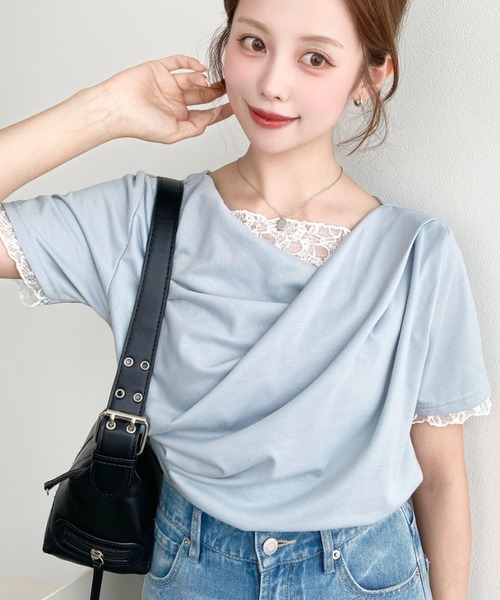 moment+(モーメントプラス)の「レースドッキングドレープ半袖Tシャツ(Tシャツ/カットソー・レディース・イエロー/ホワイト系その他/ピンク/ブラック/オフホワイト/ブラック系その他/チャコールグレー/杢グレー/ブルー・M/L)」の7枚目の写真