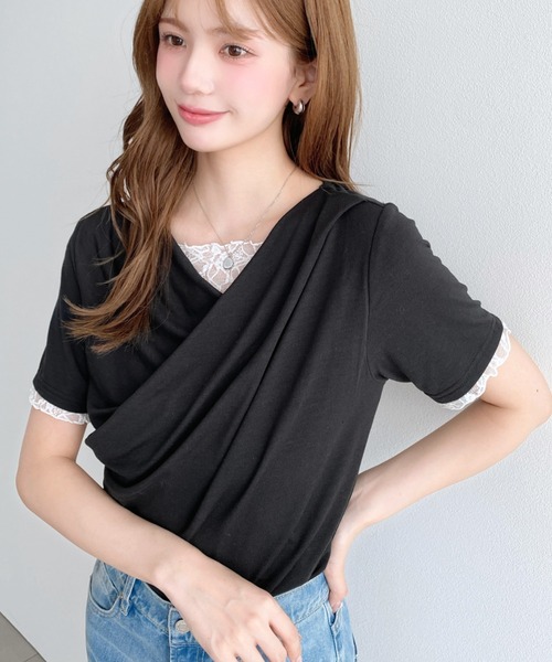 moment+(モーメントプラス)の「レースドッキングドレープ半袖Tシャツ(Tシャツ/カットソー・レディース・イエロー/ホワイト系その他/ピンク/ブラック/オフホワイト/ブラック系その他/チャコールグレー/杢グレー/ブルー・M/L)」の12枚目の写真