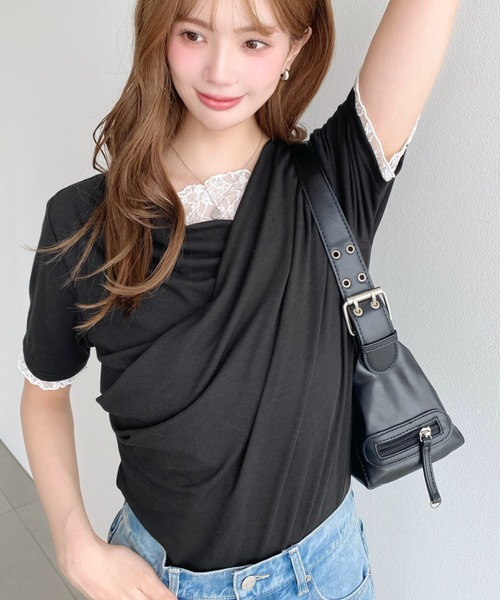 moment+(モーメントプラス)の「レースドッキングドレープ半袖Tシャツ(Tシャツ/カットソー・レディース・イエロー/ホワイト系その他/ピンク/ブラック/オフホワイト/ブラック系その他/チャコールグレー/杢グレー/ブルー・M/L)」の11枚目の写真