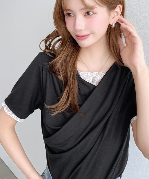 moment+(モーメントプラス)の「レースドッキングドレープ半袖Tシャツ(Tシャツ/カットソー・レディース・イエロー/ホワイト系その他/ピンク/ブラック/オフホワイト/ブラック系その他/チャコールグレー/杢グレー/ブルー・M/L)」の13枚目の写真