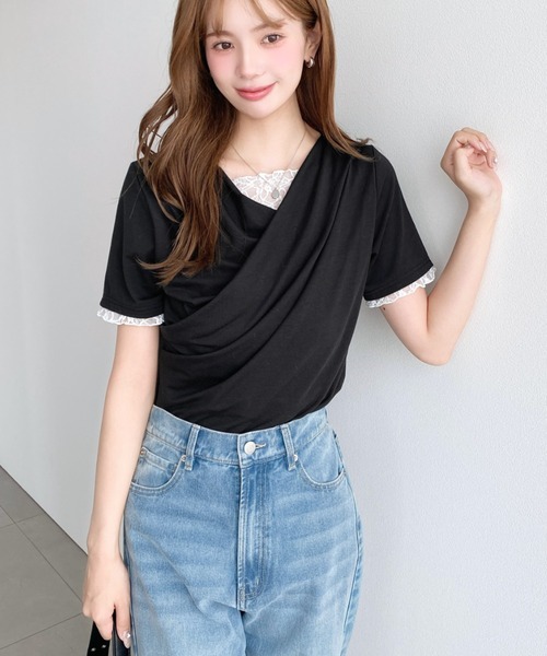 moment+(モーメントプラス)の「レースドッキングドレープ半袖Tシャツ(Tシャツ/カットソー・レディース・イエロー/ホワイト系その他/ピンク/ブラック/オフホワイト/ブラック系その他/チャコールグレー/杢グレー/ブルー・M/L)」の14枚目の写真