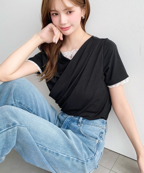 moment+(モーメントプラス)の「レースドッキングドレープ半袖Tシャツ(Tシャツ/カットソー・レディース・イエロー/ホワイト系その他/ピンク/ブラック/オフホワイト/ブラック系その他/チャコールグレー/杢グレー/ブルー・M/L)」の15枚目の写真