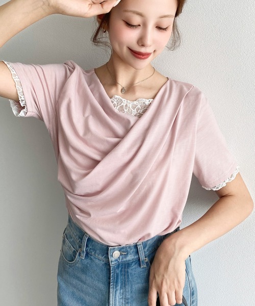 moment+(モーメントプラス)の「レースドッキングドレープ半袖Tシャツ(Tシャツ/カットソー・レディース・イエロー/ホワイト系その他/ピンク/ブラック/オフホワイト/ブラック系その他/チャコールグレー/杢グレー/ブルー・M/L)」の22枚目の写真