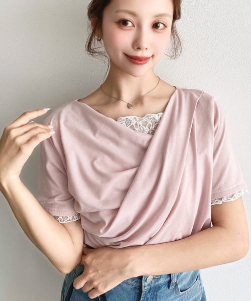 moment+(モーメントプラス)の「レースドッキングドレープ半袖Tシャツ(Tシャツ/カットソー・レディース・イエロー/ホワイト系その他/ピンク/ブラック/オフホワイト/ブラック系その他/チャコールグレー/杢グレー/ブルー・M/L)」の21枚目の写真