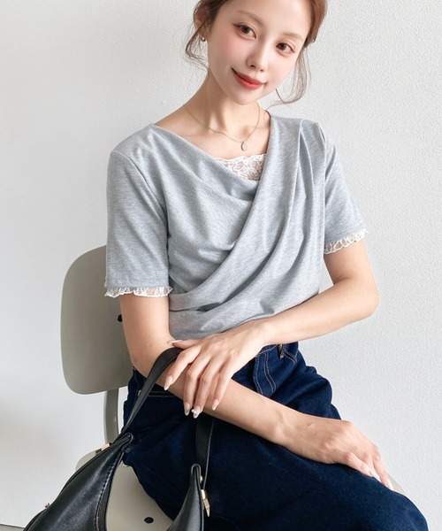 moment+(モーメントプラス)の「レースドッキングドレープ半袖Tシャツ(Tシャツ/カットソー・レディース・イエロー/ホワイト系その他/ピンク/ブラック/オフホワイト/ブラック系その他/チャコールグレー/杢グレー/ブルー・M/L)」の20枚目の写真